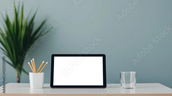 Fototapeta Brainstorming for team collaboration tools concept. Modern workspace with a tablet, stationery, and a plant against a soft blue wall.