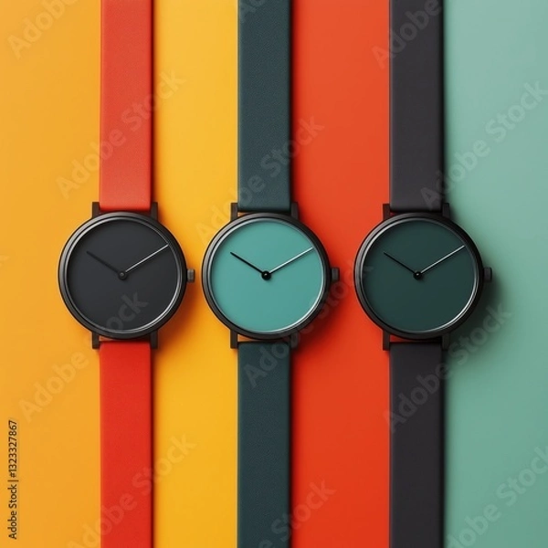 Obraz Top-down Three minimalist watches on colorful background, studio shot. Time concept, watches, accessories, fashion.