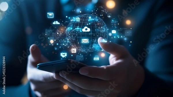Fototapeta Person holding phone with digital global network and icons.