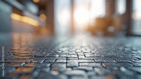 Fototapeta Modern textured floor interior with stone tiles in the foreground and a softly blurred background featuring warm sunlight and contemporary elements.