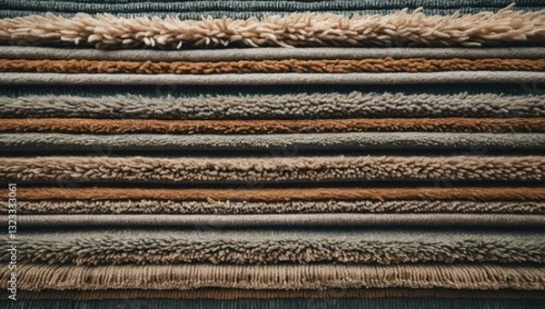 Fototapeta Textured layers of rustic carpet in earthy tones of brown, beige, and gray arranged horizontally, showcasing varied fabric finishes and patterns.