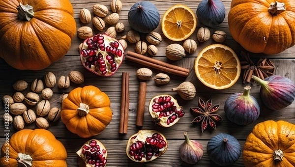 Obraz Autumn harvest scene featuring vibrant orange pumpkins, figs, walnuts, and pomegranate seeds artfully arranged on a rustic wooden background.