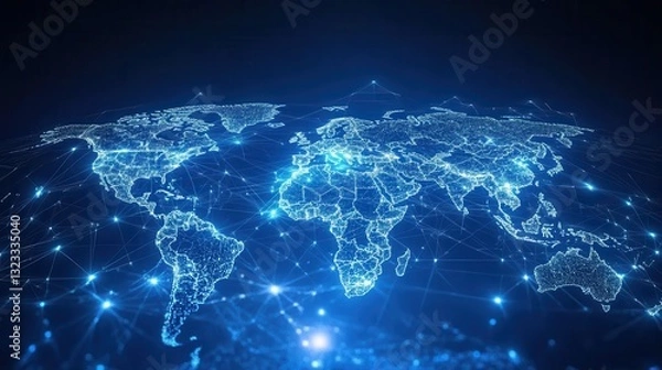 Obraz Digital world map with glowing connected network lines representing global connectivity