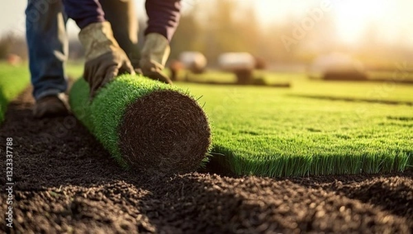 Obraz Hardworking gardener rolling out fresh green grass carpet rolls on sunny day, creating new lawn patches in open field with clear blue sky, natural real grass atmosphere, workwear gloves