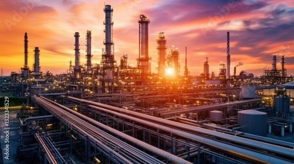 Fototapeta A large oil refinery processing crude oil with advanced energy efficiency systems