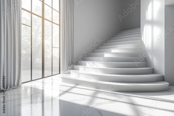 Obraz 3D rendering of a white, empty room with stairs on the right and a window in front, showcasing minimalistic interior design.