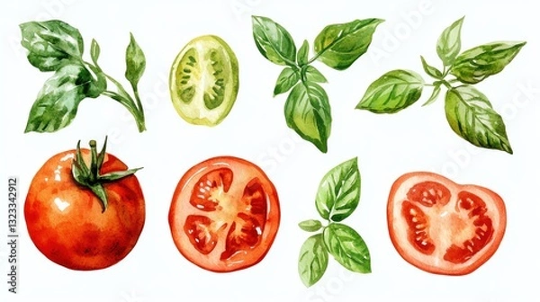 Fototapeta Vegetables and farm produce. Collection set watercolor fresh farm vegetables. Fresh tomatoes and basil for culinary inspiration.