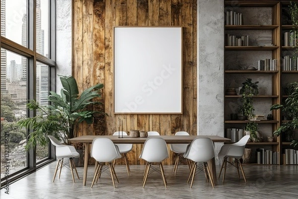 Fototapeta Empty blank poster frame on the wall in a modern dining room with white and wood-paneled walls, concrete floors, and cityscape view.