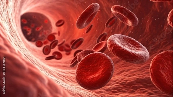 Fototapeta 3D medical illustration of red blood cells flowing through the bloodstream. A detailed microscopic view representing human biology, hematology, and the circulatory system