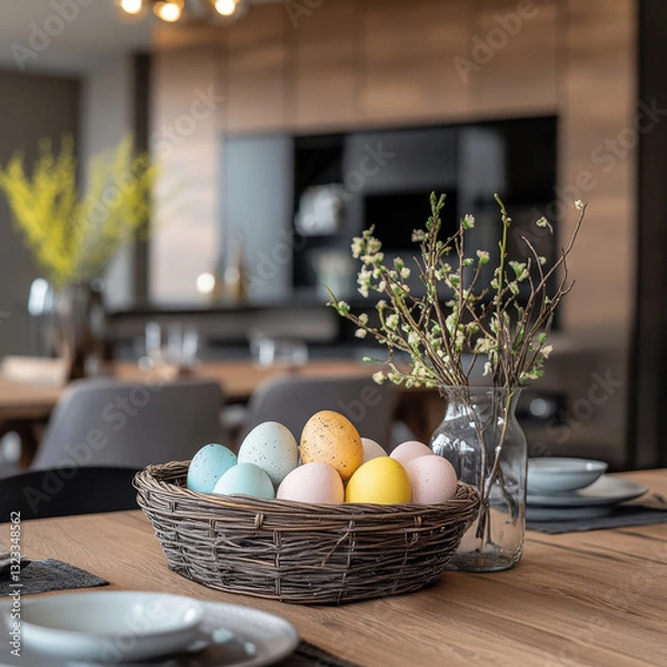 Fototapeta A stylish Easter dining arrangement featuring ceramic plates, silverware, and seasonal decor. The sophisticated and inviting table setup is ideal for hospitality, branding, and festive promotions.