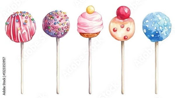 Obraz candy and sweets watercolor collection isoleate background Collection set watercolor. Colorful cake pops with various designs and toppings.