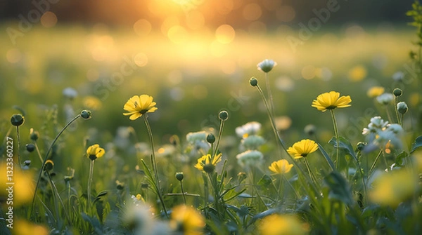 Fototapeta A beautiful field of wildflowers with dandelions and yellow blossoms under the bright summer sky