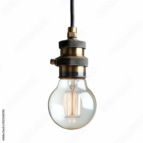 Fototapeta A stylish industrial pendant light fixture with an exposed bulb, hanging elegantly against a white background
