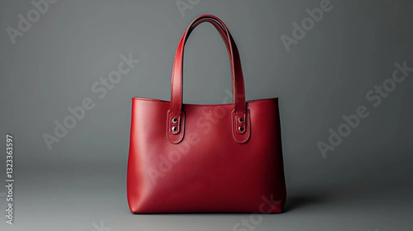Fototapeta Elegant Red Leather Handbag With Handle Isolated On A Gray Background Showing Texture And Details