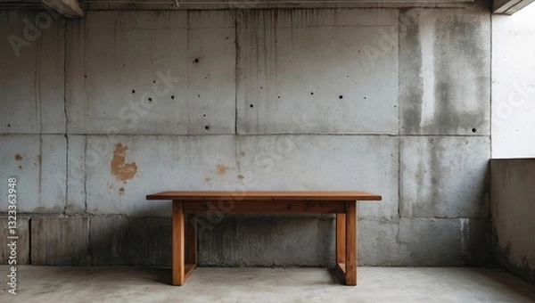 Fototapeta Cement wall with grey tones featuring stain spots on the left side and a central wooden table with warm brown hues against a minimal backdrop.