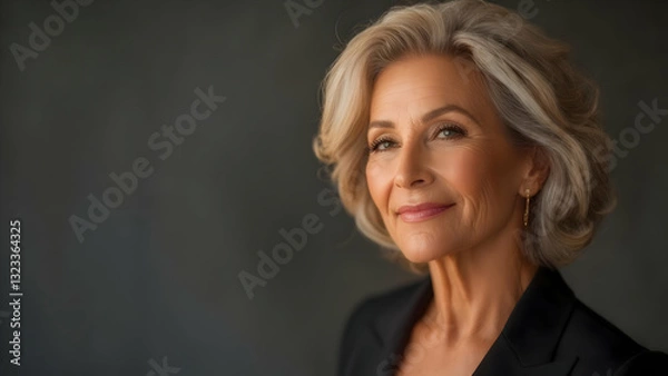 Fototapeta Confidence in Warm Light: A Woman in Her Fifties in a 4K Studio, 50mm Lens at f/2.0, Firm, Lustrous Skin Against a Glossy Charcoal Gray Backdrop
