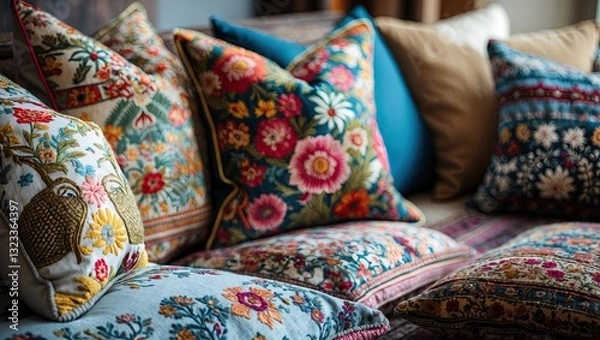 Obraz Vibrant close-up of decorative throw cushions featuring intricate floral patterns in various colors like blue, pink, and gold arranged on a sofa