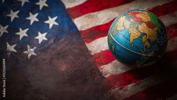 Obraz Striking photo of a globe on an American flag background, symbolizing global influence and focus, ideal for web banner with ample copy space on the right for text or branding.