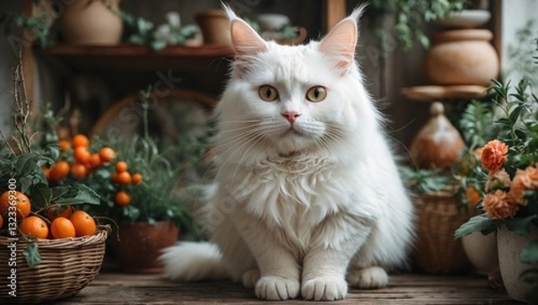 Fototapeta Elegant white cat with striking golden eyes sitting in a rustic setting surrounded by potted plants and orange fruits on wooden surface.