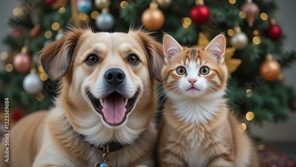Fototapeta A joyful dog and cat embrace the festive spirit near a decorated Christmas tree.
