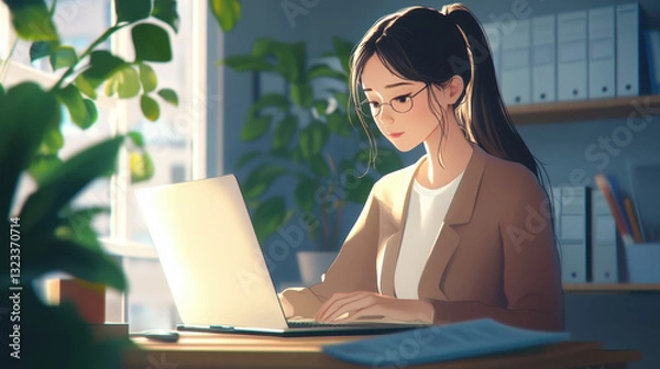 Fototapeta A focused young woman works on her laptop in a well-lit office, surrounded by plants, conveying a sense of productivity and calm.
