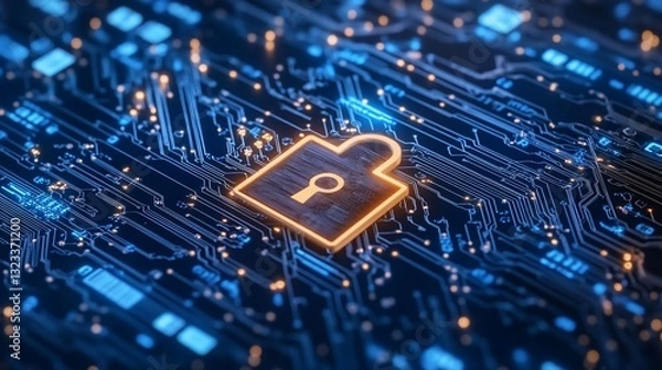 Obraz Abstract illustration of a padlock on a circuit board, symbolizing cybersecurity.