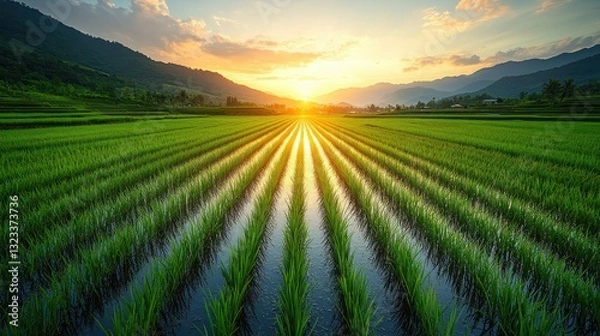 Fototapeta Tranquil Rice Paddy Fields at Sunset