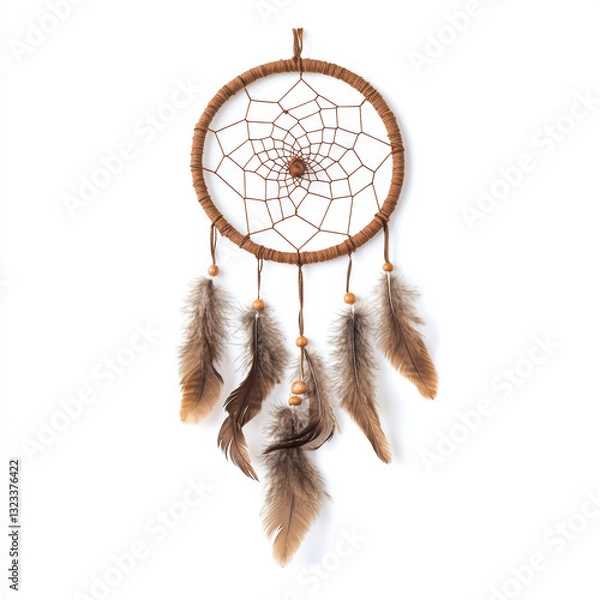 Fototapeta Handcrafted dreamcatcher with feathers hanging on white background