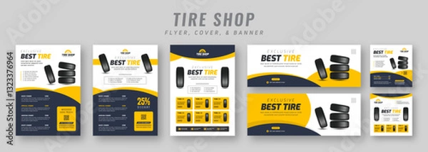 Fototapeta Tire shop flyer and banner bundle | Car service promotion catalog | Auto repair advertising template | Social media post and tire sales marketing design