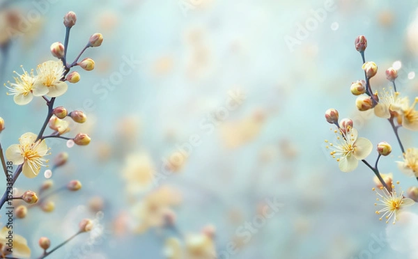 Fototapeta Springtime background frame with pale yellow blossom