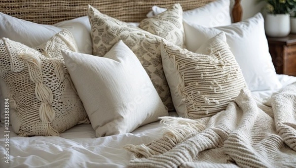 Fototapeta Neutral-toned decorative pillows arranged artfully on a cozy bed with textured throws and a warm wooden backdrop creating a serene atmosphere.