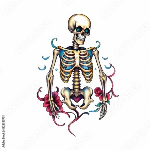 Fototapeta Symbolic skeleton artwork: A meticulously crafted illustration of a skeleton, adorned with vibrant floral elements, representing mortality, art and design