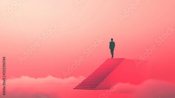Obraz Abstract Concept of Solitude and Reflection with a Mysterious Figure Walking Up the Stairs in a Dreamlike Pink Environment Surrounded by Clouds