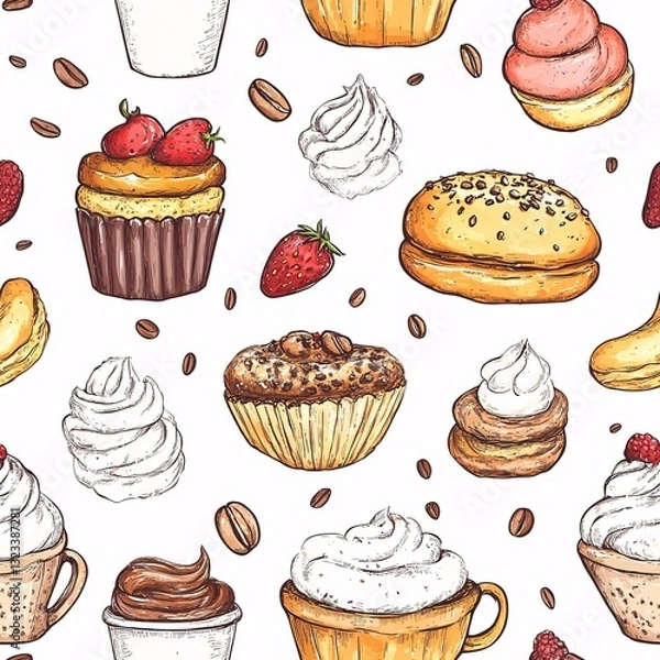 Fototapeta Indulge in sweet delights watercolor desserts and coffee patterns in a cozy  environment