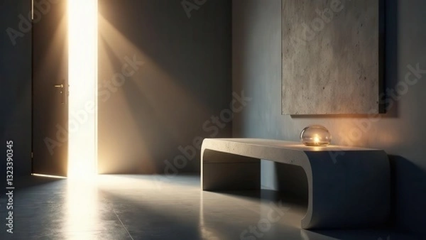 Fototapeta Serene Minimalist Interior with Open Door and Glowing Lamp on Concrete Bench