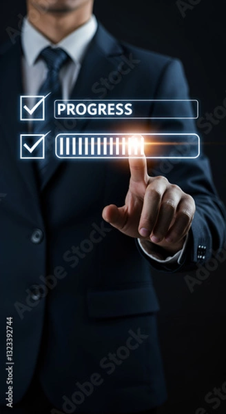 Fototapeta  professional businessman touches a digital progress checklist symbolizes task management  futuristic digital interface for task management and progress tracking."  2. "Businessman using an innovative
