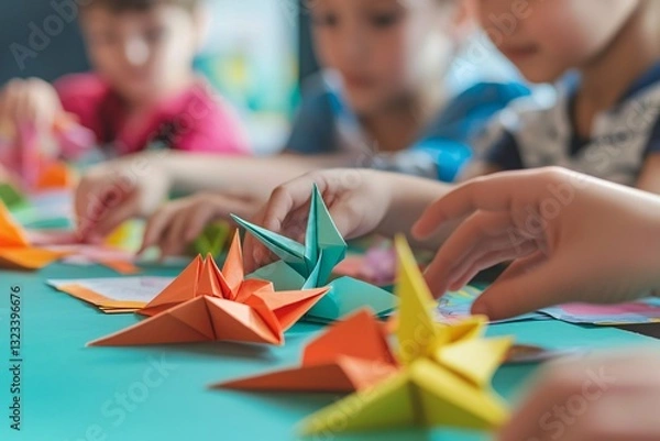 Obraz Children joyfully participate in a creative workshop, mastering the art of origami by skillfully folding vibrant paper into intricate designs.