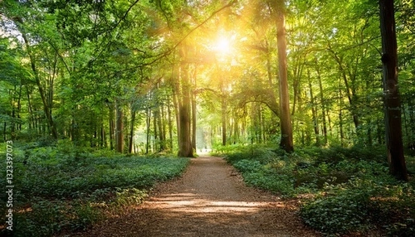 Fototapeta lush forest path opening sunlight filtering green canopy nature background ideal for travel brochure