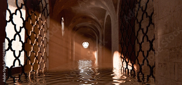 Obraz Medieval Tunnel Background, Water Reflections and Sunbeams, 3D Render