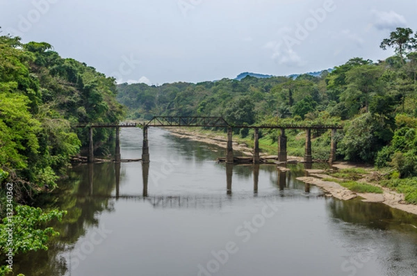 Fototapeta Crumbling iron and concrete walking bridge crossing large river in rain forest of Cameroon, Africa