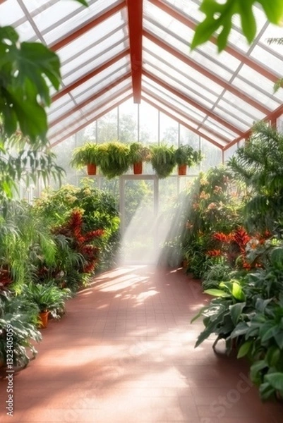 Fototapeta Sunlight Streaming Through a Lush Greenhouse with Vibrant Plants