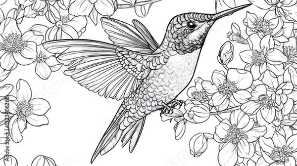 Fototapeta Hummingbird in flight, cherry blossoms, spring, nature, coloring page