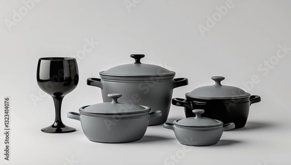 Fototapeta Elegant and classic cooking pots with a goblet in shades of grey and black, arranged harmoniously on a soft grey backdrop.