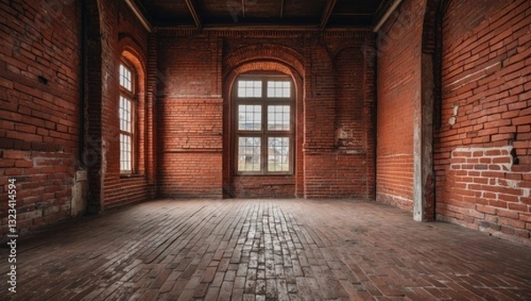 Fototapeta Empty vintage room featuring red retro brick walls and large windows, light streaming in, wooden floorboards, spacious and atmospheric.