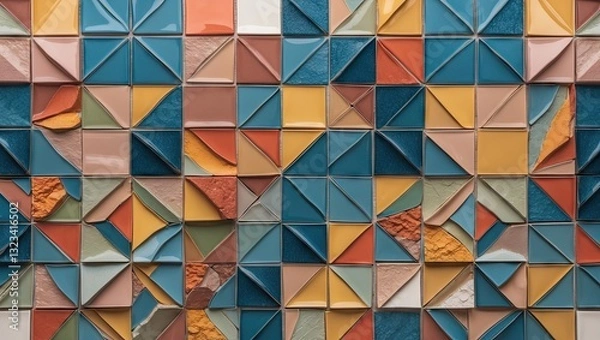 Fototapeta Multicolored ceramic wall tile design featuring geometric triangles in teal, orange, and beige arranged in a textured abstract pattern.