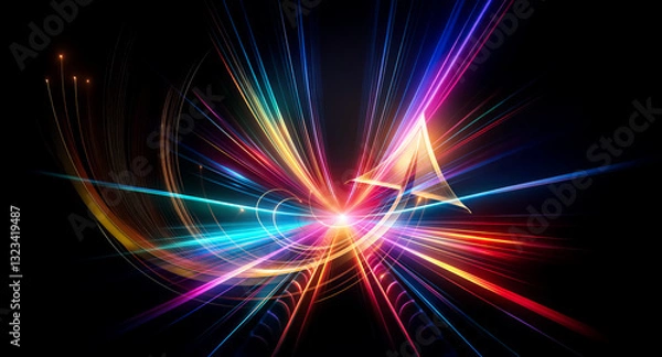 Fototapeta Colorful light streaks burst from a central point against a dark backdrop, creating an abstract, dynamic visual effect with vibrant beams and radiating lines.
