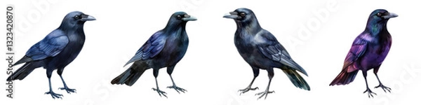 Fototapeta Elegant and Iridescent Crow Perched on a Branch Observing Silently with Piercing Eyes  This majestic corvid with its deep blue and purple plumage stands out against the natural backdrop