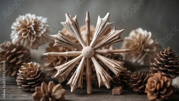 Fototapeta Decorative wooden stars and pine cones arranged artistically on a rustic wooden surface with a warm brown color palette and soft focus background.