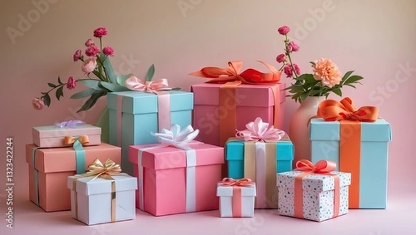 Fototapeta Colorful assortment of gift boxes in pastel shades arranged on a soft gradient background with pink flowers on the left and right sides.
