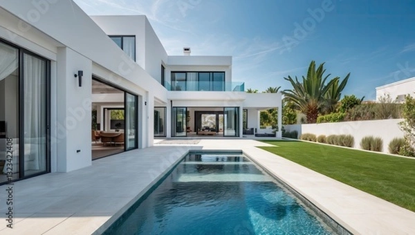 Fototapeta Modern white villa with spacious backyard and swimming pool under a clear blue sky, featuring ample copyspace for text or design insertion.